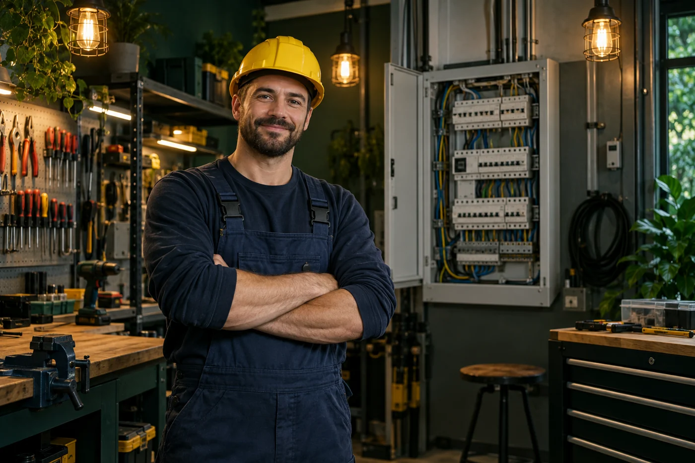 Electrician standing in a well-organized electrical workshop