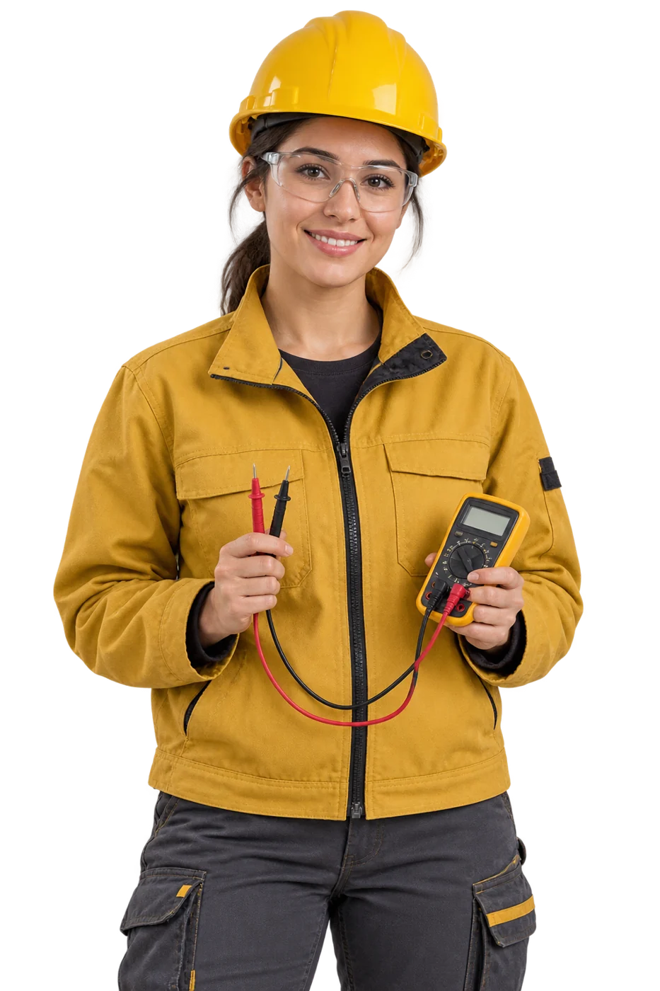 Friendly electrical technician holding testing equipment
