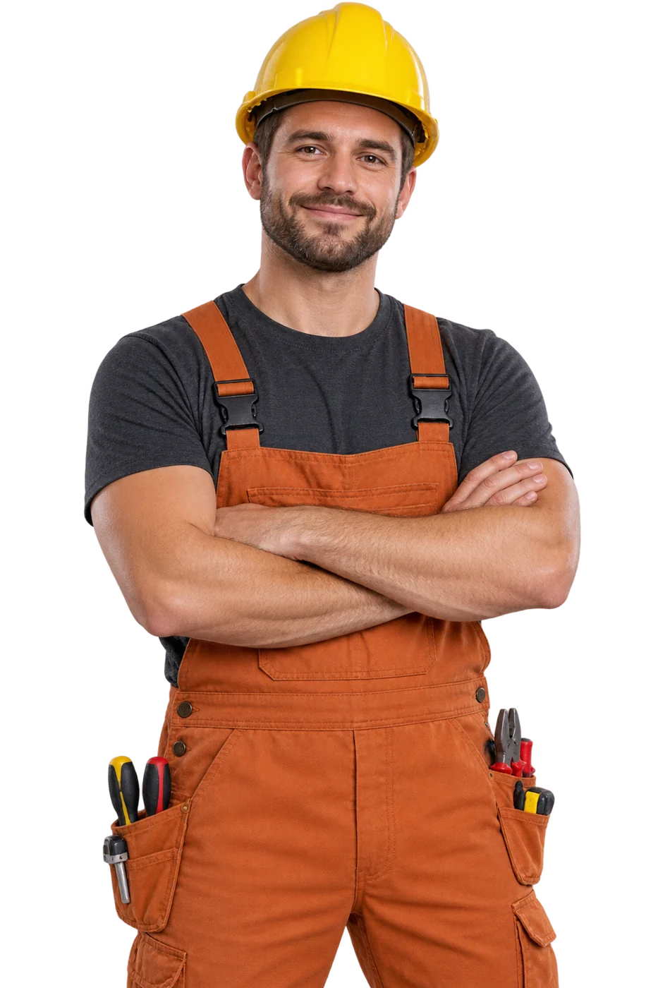 Electrician in orange overalls ready to discuss a project
