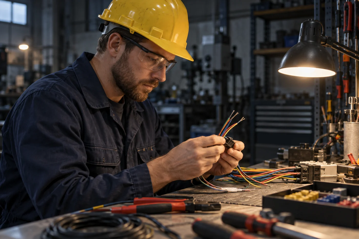 Electrician carefully examining wiring in a workshop