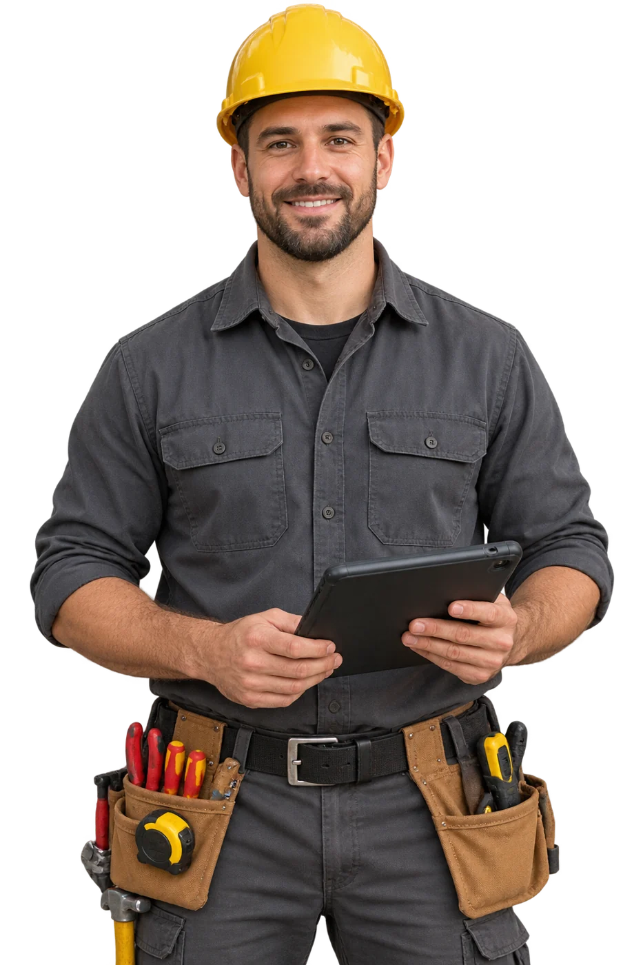 Friendly electrician in a yellow hard hat holding a tablet