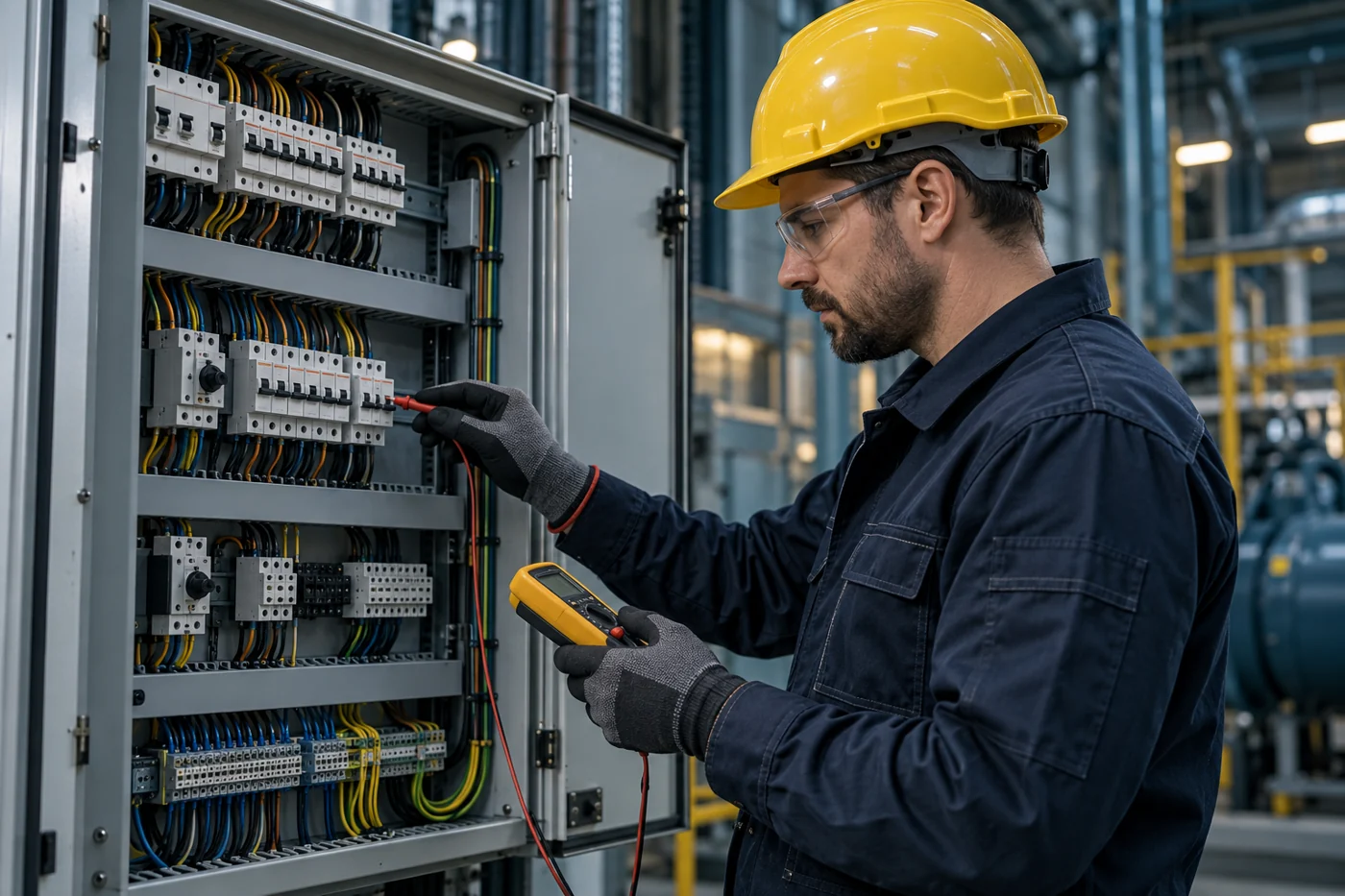 Electrician inspecting an electrical cabinet